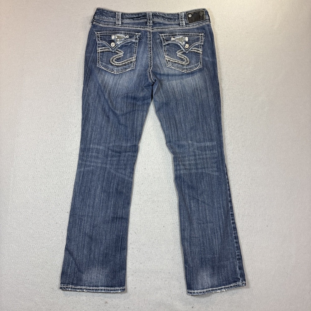 Silver Jeans Co Suki Flap 17" Denim Blue Jeans 34/33 Embroidered Sequins - Picture 4 of 12